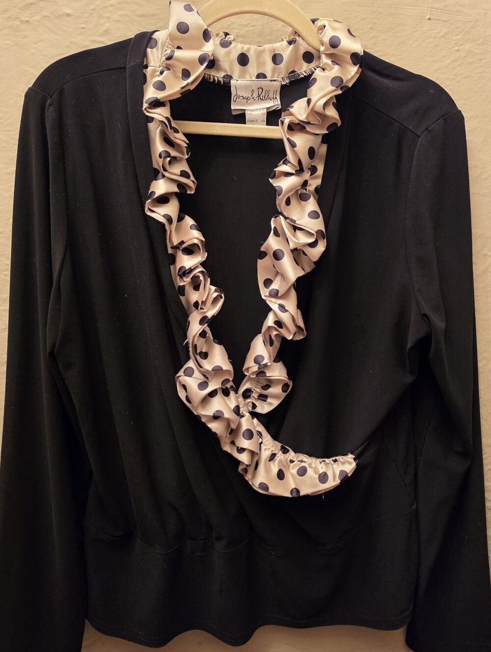 Vintage Joseph Ribkoff Black Polka Dot Satin Ruffle Blouse Size 16